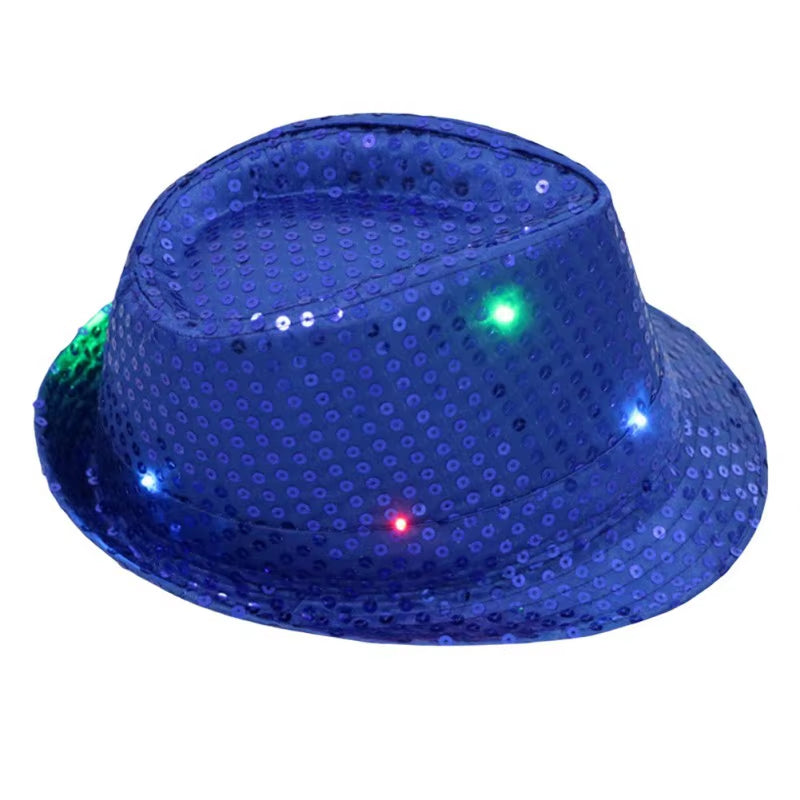 LED Flashing Jazz Cap Unisex Adult Hip Hop Dance Show Jazz Hat Sequins Luminous Costumes Stage Dance Party Halloween Props
