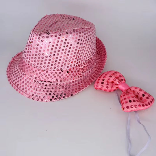 LED Light Sequin Fedora Hat Jazz Hats Cap Bow Tie Party Costume for Kids Girl Boy Men Women Birthday Wedding Festival