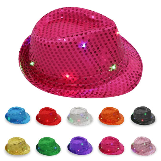 LED Light Sequin Fedora Hat Jazz Hats Cap Bow Tie Party Costume for Kids Girl Boy Men Women Birthday Wedding Festival