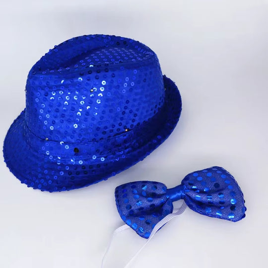 LED Light Sequin Fedora Hat Jazz Hats Cap Bow Tie Party Costume for Kids Girl Boy Men Women Birthday Wedding Festival