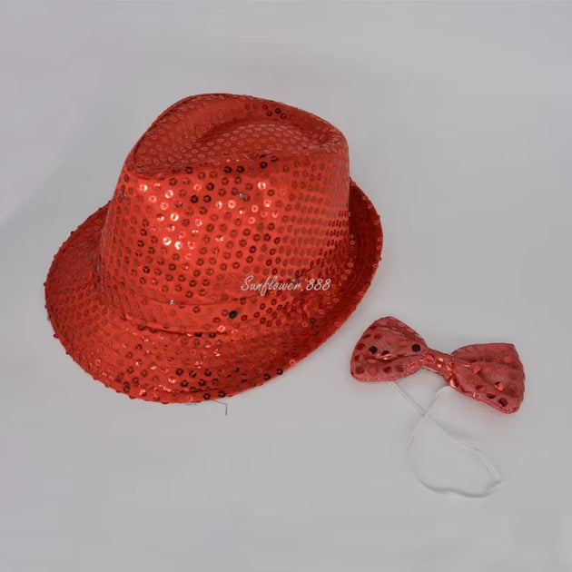 LED Light Sequin Fedora Hat Jazz Hats Cap Bow Tie Party Costume for Kids Girl Boy Men Women Birthday Wedding Festival
