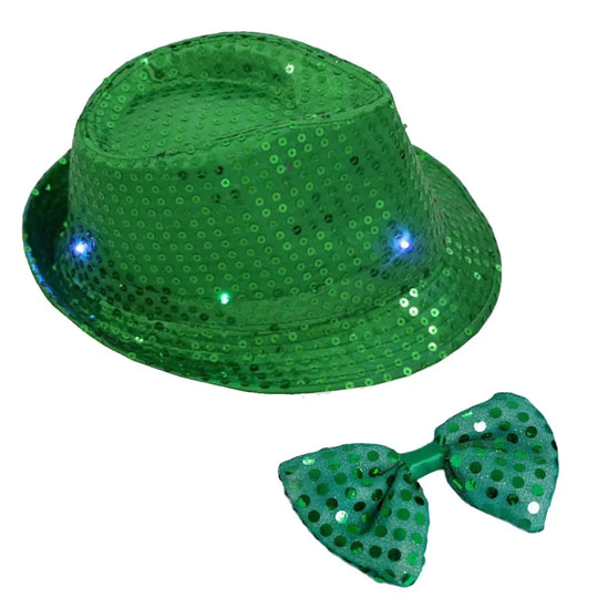 LED Light Sequin Fedora Hat Jazz Hats Cap Bow Tie Party Costume for Kids Girl Boy Men Women Birthday Wedding Festival
