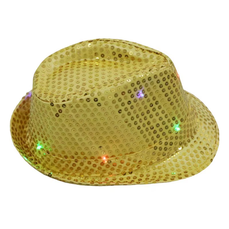 LED Flashing Jazz Cap Unisex Adult Hip Hop Dance Show Jazz Hat Sequins Luminous Costumes Stage Dance Party Halloween Props
