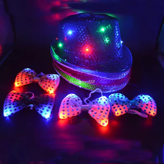 LED Light Sequin Fedora Hat Jazz Hats Cap Bow Tie Party Costume for Kids Girl Boy Men Women Birthday Wedding Festival