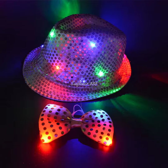 LED Light Sequin Fedora Hat Jazz Hats Cap Bow Tie Party Costume for Kids Girl Boy Men Women Birthday Wedding Festival