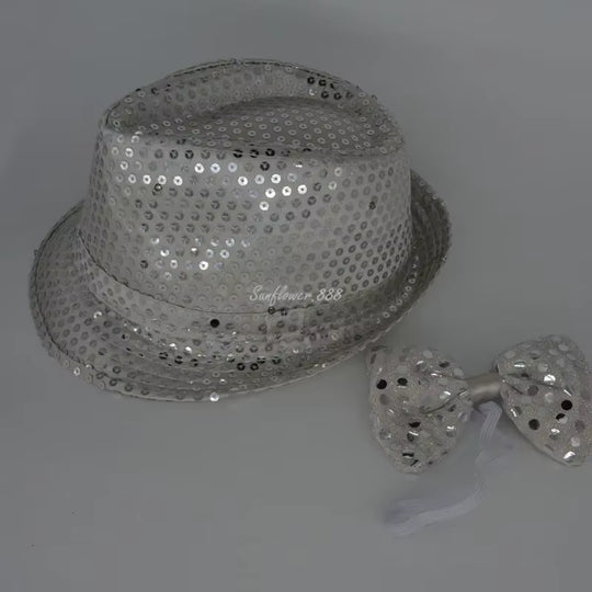 LED Light Sequin Fedora Hat Jazz Hats Cap Bow Tie Party Costume for Kids Girl Boy Men Women Birthday Wedding Festival