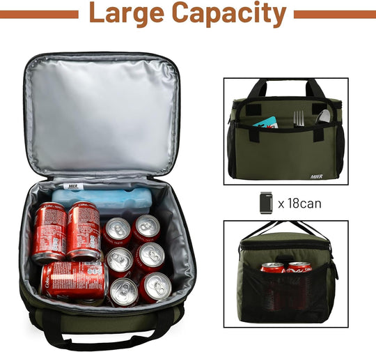Large Lunch Box for Men, Insulated Lunch Bags Soft Coolers Bag with Shoulder Strap for Adults Work Beach Picnic Travel, 18 Cans, Army Green