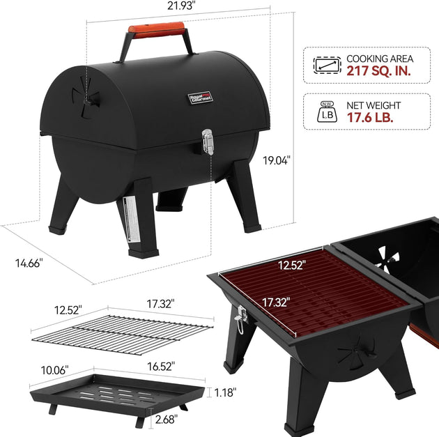 Portable Charcoal Grill with Two 217 Sq. In. Cooking Area, 20-Inch Tabletop BBQ Grill, Outdoor Barbeque Cooking for Camp, Travel, Picnic, Tailgate, Black, CC1619-SC
