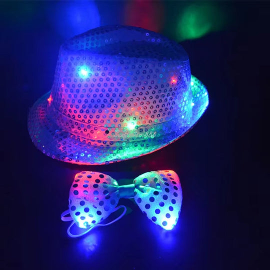 LED Light Sequin Fedora Hat Jazz Hats Cap Bow Tie Party Costume for Kids Girl Boy Men Women Birthday Wedding Festival