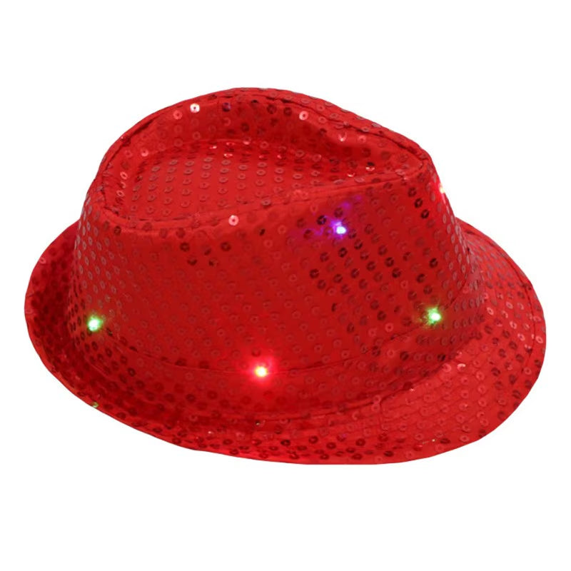 LED Flashing Jazz Cap Unisex Adult Hip Hop Dance Show Jazz Hat Sequins Luminous Costumes Stage Dance Party Halloween Props