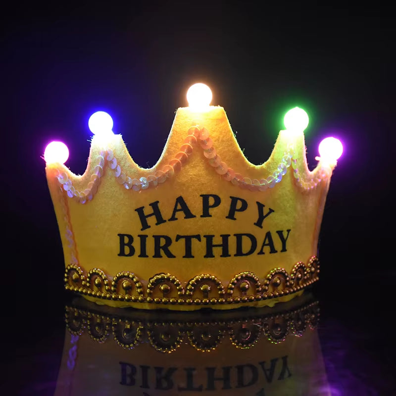 LED Crown Headband Happy Birthday Cap Girl Boy Luminous Hat Headband for Adult Kids Birthday Party Photo Props Decor Baby Shower