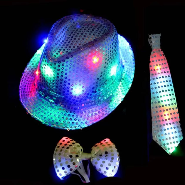 LED Light Sequin Fedora Hat Jazz Hats Cap Bow Tie Party Costume for Kids Girl Boy Men Women Birthday Wedding Festival
