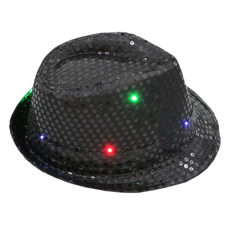 LED Flashing Jazz Cap Unisex Adult Hip Hop Dance Show Jazz Hat Sequins Luminous Costumes Stage Dance Party Halloween Props