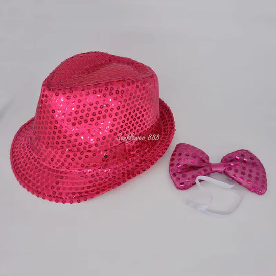 LED Light Sequin Fedora Hat Jazz Hats Cap Bow Tie Party Costume for Kids Girl Boy Men Women Birthday Wedding Festival