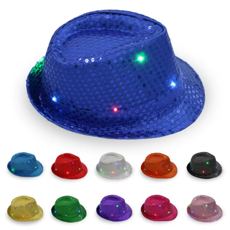 LED Flashing Jazz Cap Unisex Adult Hip Hop Dance Show Jazz Hat Sequins Luminous Costumes Stage Dance Party Halloween Props