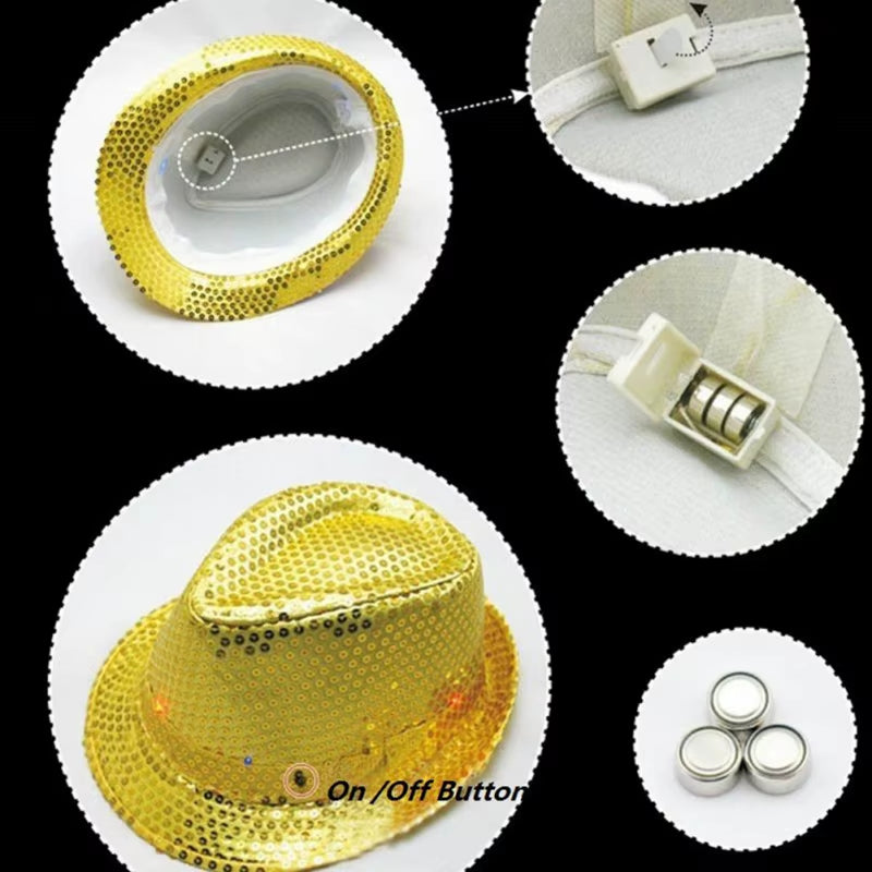 LED Flashing Jazz Cap Unisex Adult Hip Hop Dance Show Jazz Hat Sequins Luminous Costumes Stage Dance Party Halloween Props