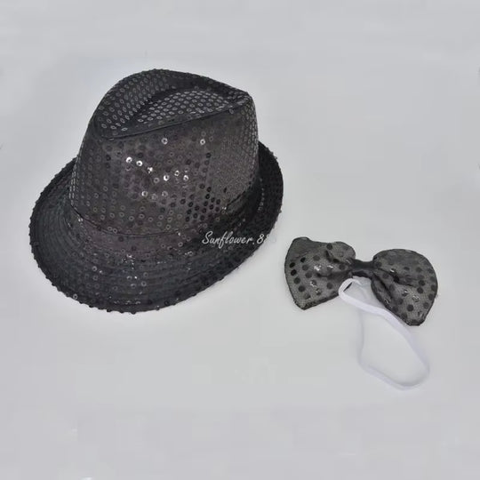 LED Light Sequin Fedora Hat Jazz Hats Cap Bow Tie Party Costume for Kids Girl Boy Men Women Birthday Wedding Festival