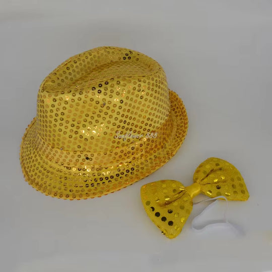 LED Light Sequin Fedora Hat Jazz Hats Cap Bow Tie Party Costume for Kids Girl Boy Men Women Birthday Wedding Festival