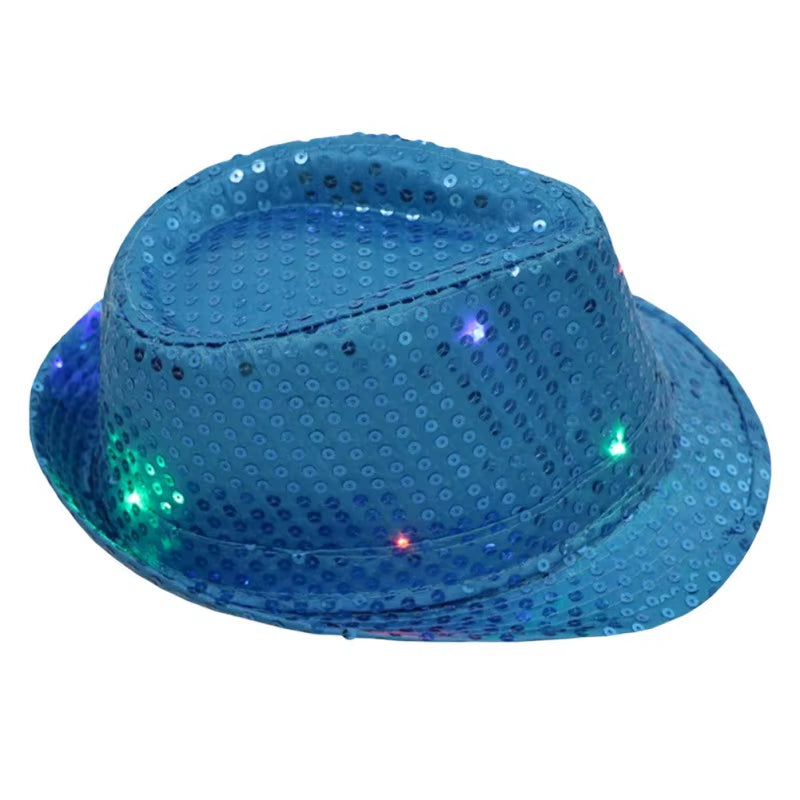 LED Flashing Jazz Cap Unisex Adult Hip Hop Dance Show Jazz Hat Sequins Luminous Costumes Stage Dance Party Halloween Props