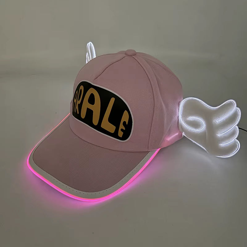 Kawaii Anime Dr.Slump LED Glowing Arale Baseball Hat Light up Cap with Angel Wings Birthday Party Neon Cosplay Hat Costume Gift